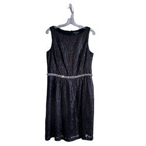Ralph Lauren Gray Black Metallic Lace Sleeveless Dress Size 12 Rhinestone Sheath
